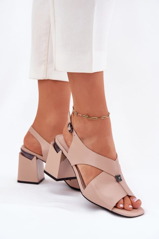Love Lace Love Lace Women's Elegant Column Heel Buckle Sandals with Front Detail Comfort in Beige - 3