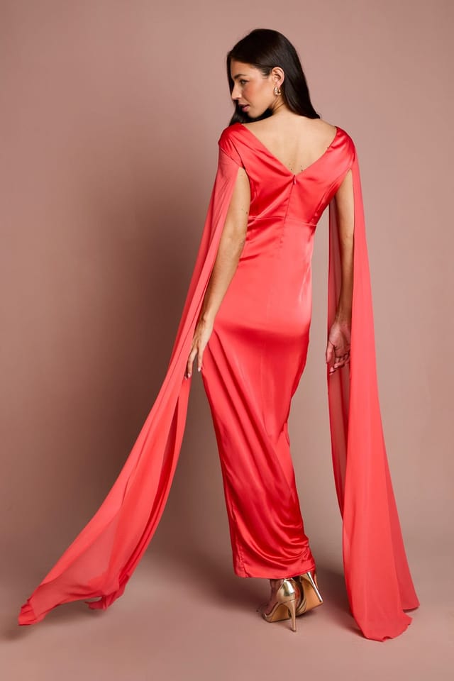 Coast Coast Women's Satin Cape Sleeve Maxi Dress in Coral - 3