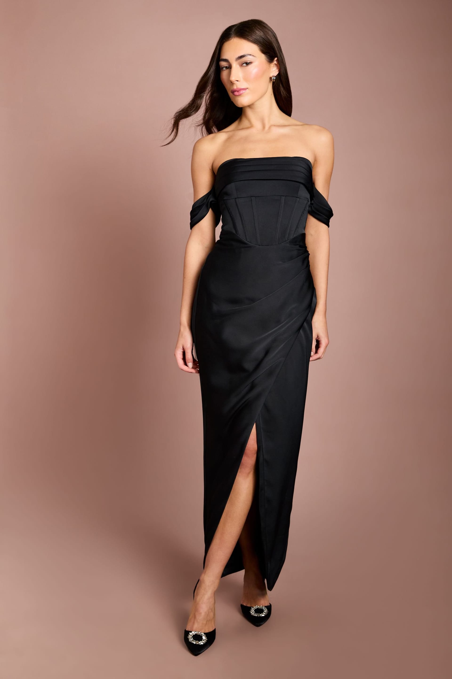 Coast Coast Women's Draped Bardot Corset Satin Black Maxi Dress - 4