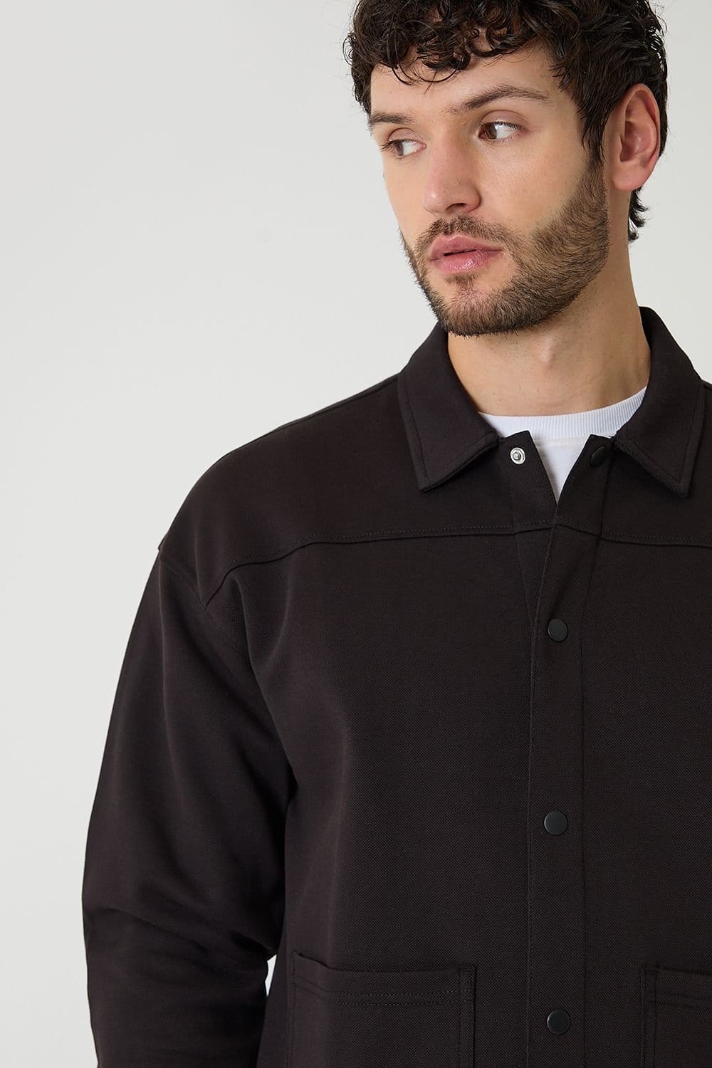 Threadbare threadbare Men's Popper Fastening Cropped Fit Shacket in Black - 4