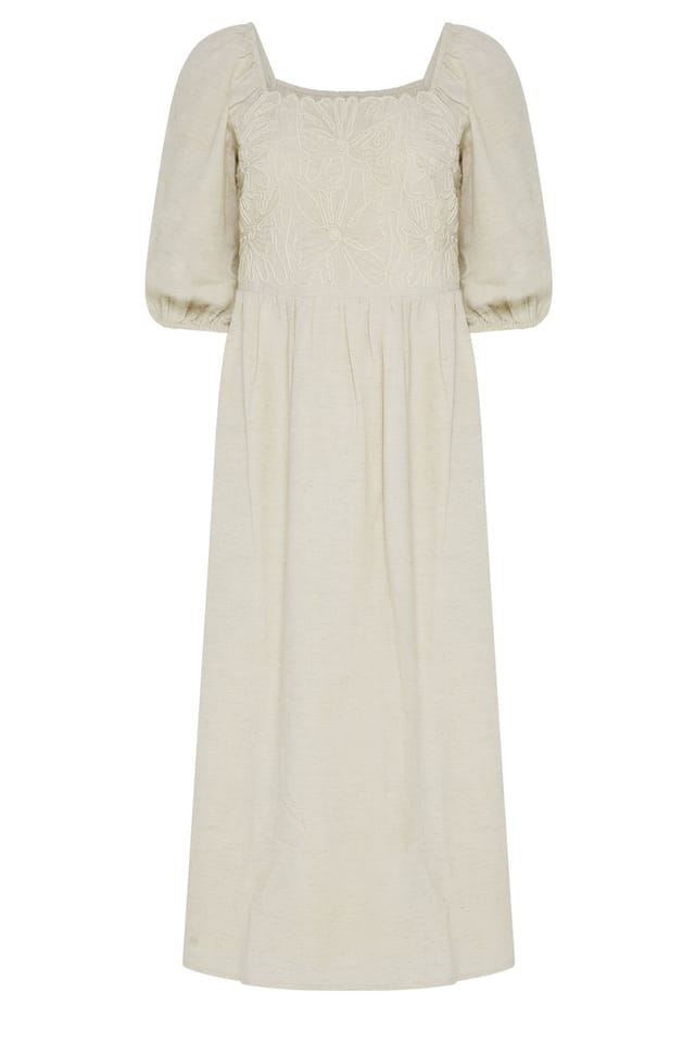 M&Co M&Co Women's Petite Short Sleeve Embroidered Trim Maxi Dress in Natural - 3