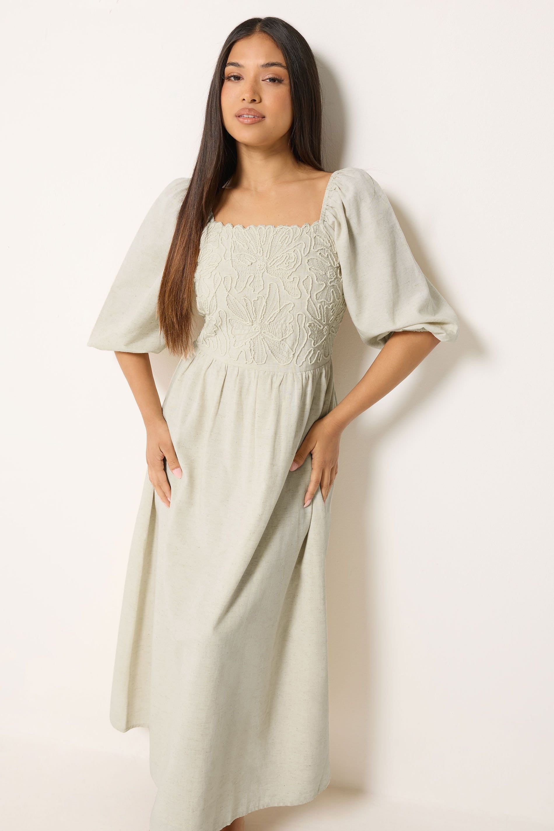 M&Co M&Co Women's Petite Short Sleeve Embroidered Trim Maxi Dress in Natural - 4