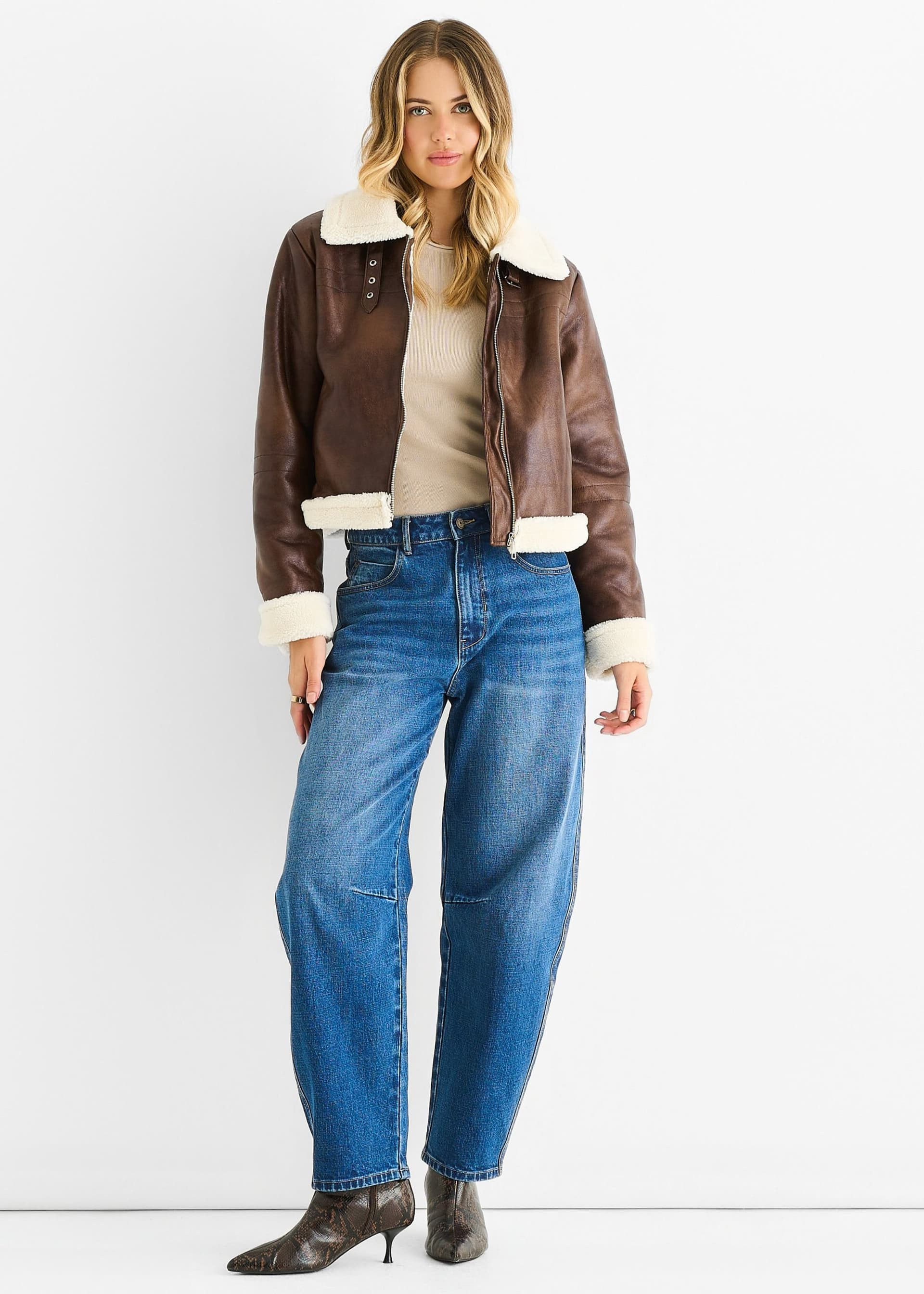 Gini London Gini London Women's Brown Faux Leather Shearling Fur Aviator Jacket