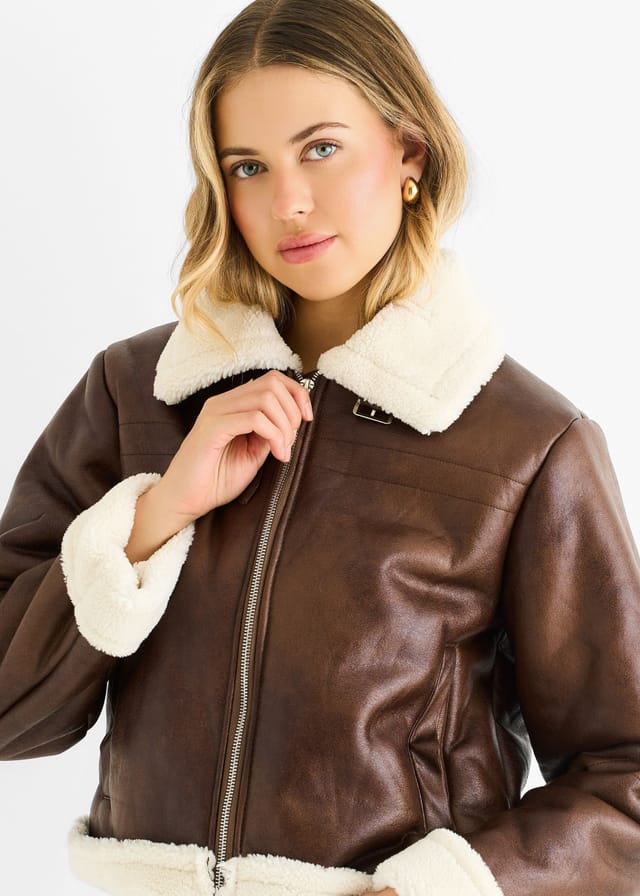Gini London Gini London Women's Brown Faux Leather Shearling Fur Aviator Jacket - 2
