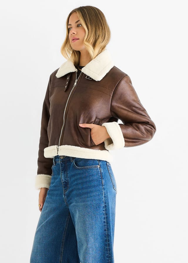 Gini London Gini London Women's Brown Faux Leather Shearling Fur Aviator Jacket - 3