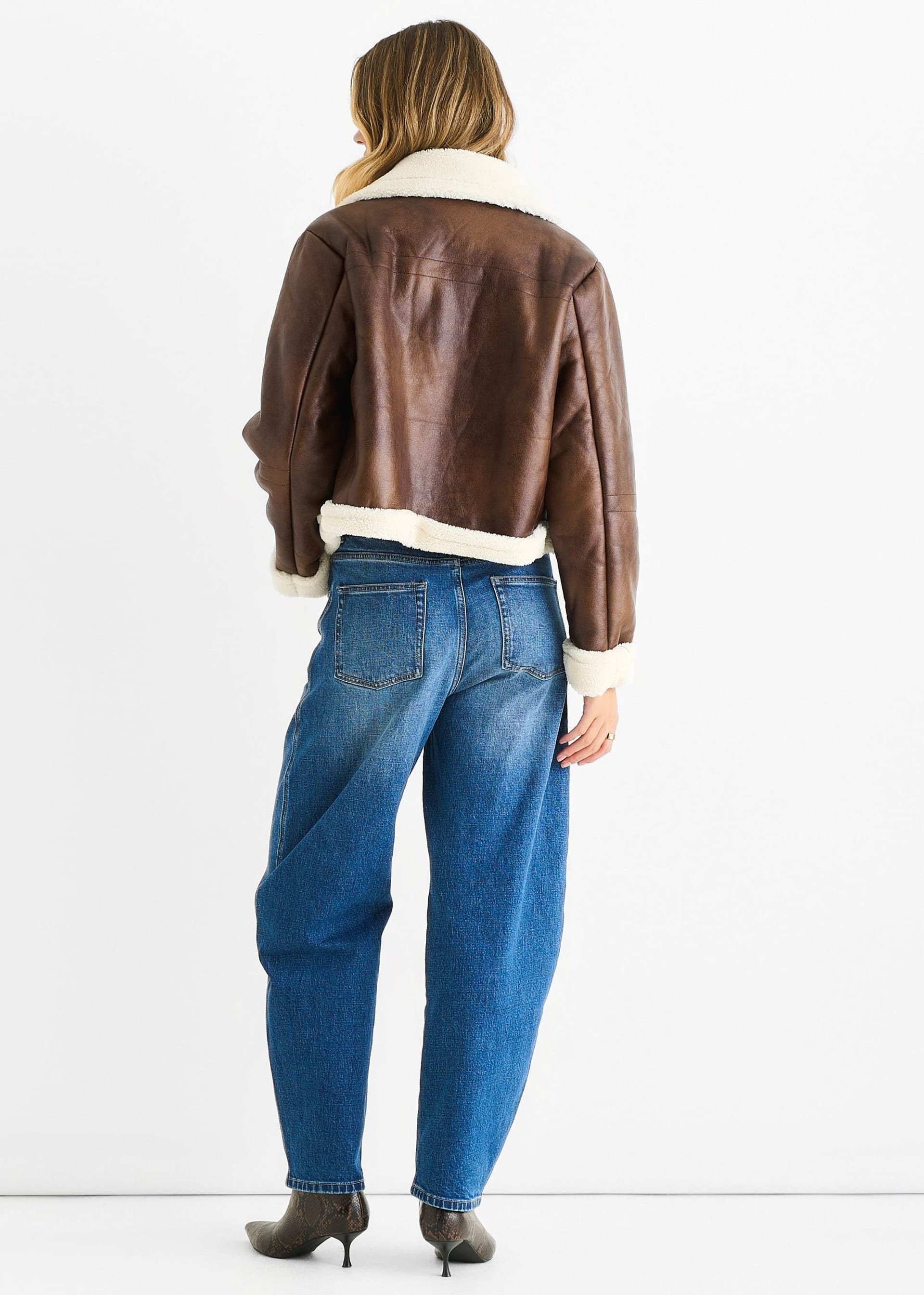 Gini London Gini London Women's Brown Faux Leather Shearling Fur Aviator Jacket - 4