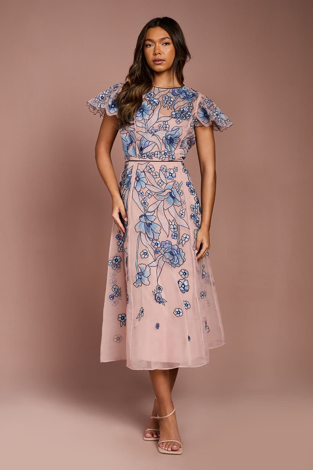 Coast Coast Women's Floral Embroidered Cutwork Sleeve Midi Dress in Peach