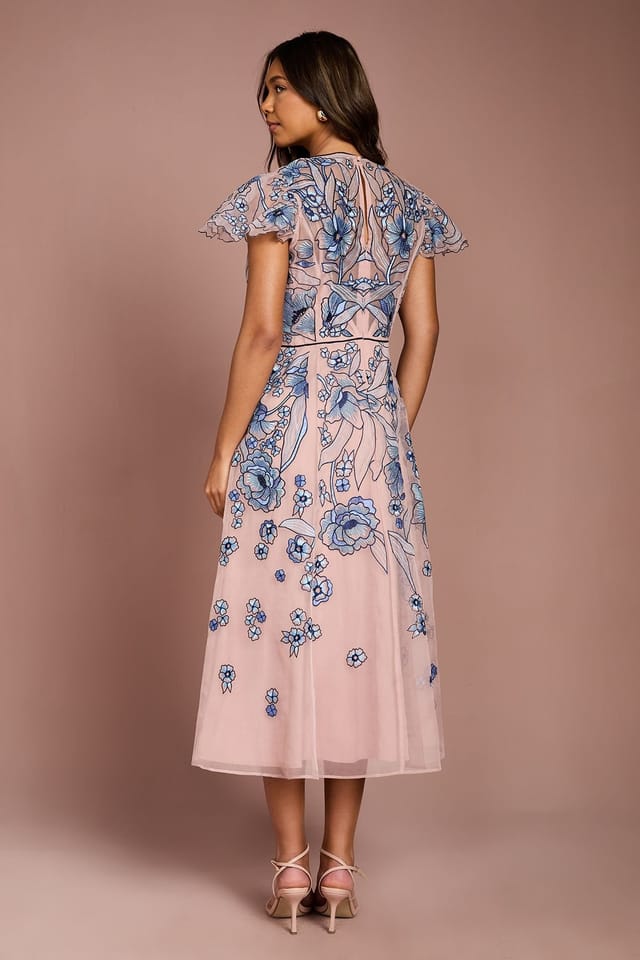 Coast Coast Women's Floral Embroidered Cutwork Sleeve Midi Dress in Peach - 3