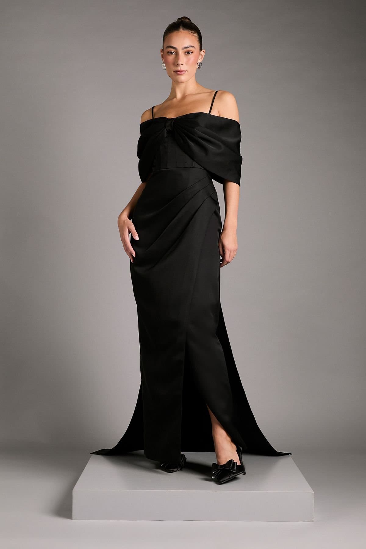 Coast Coast Black Satin Bardot Dress With Bow Back Detail