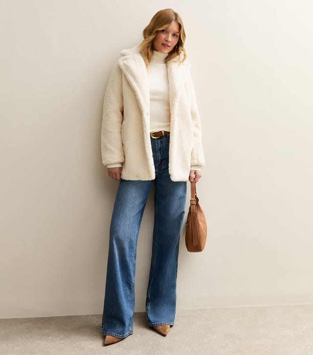 New Look Women's Cream Collared Long Sleeve Borg Coat New Look - 3