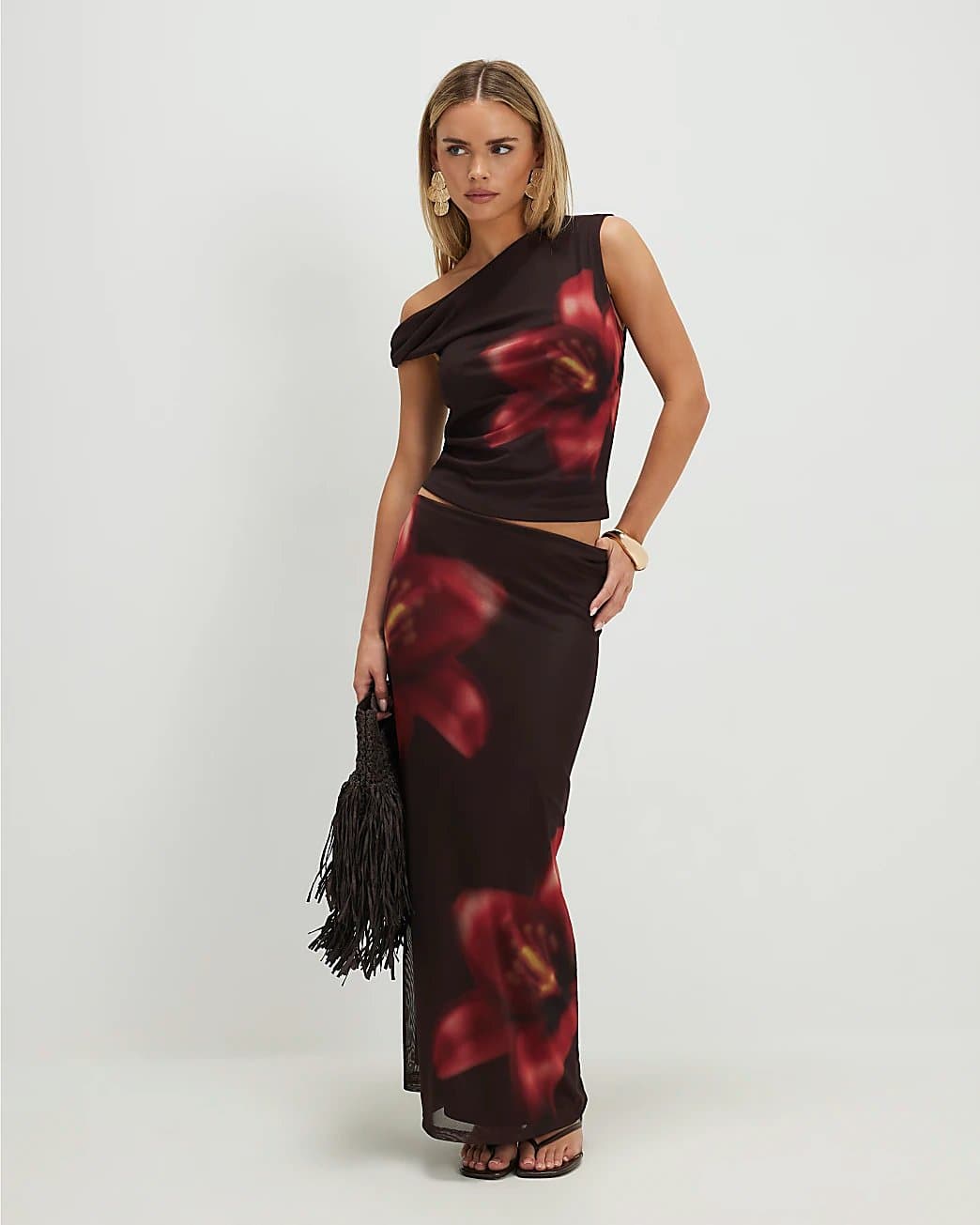 River Island River Island Womens Petite Brown Mesh Floral Print Maxi Skirt