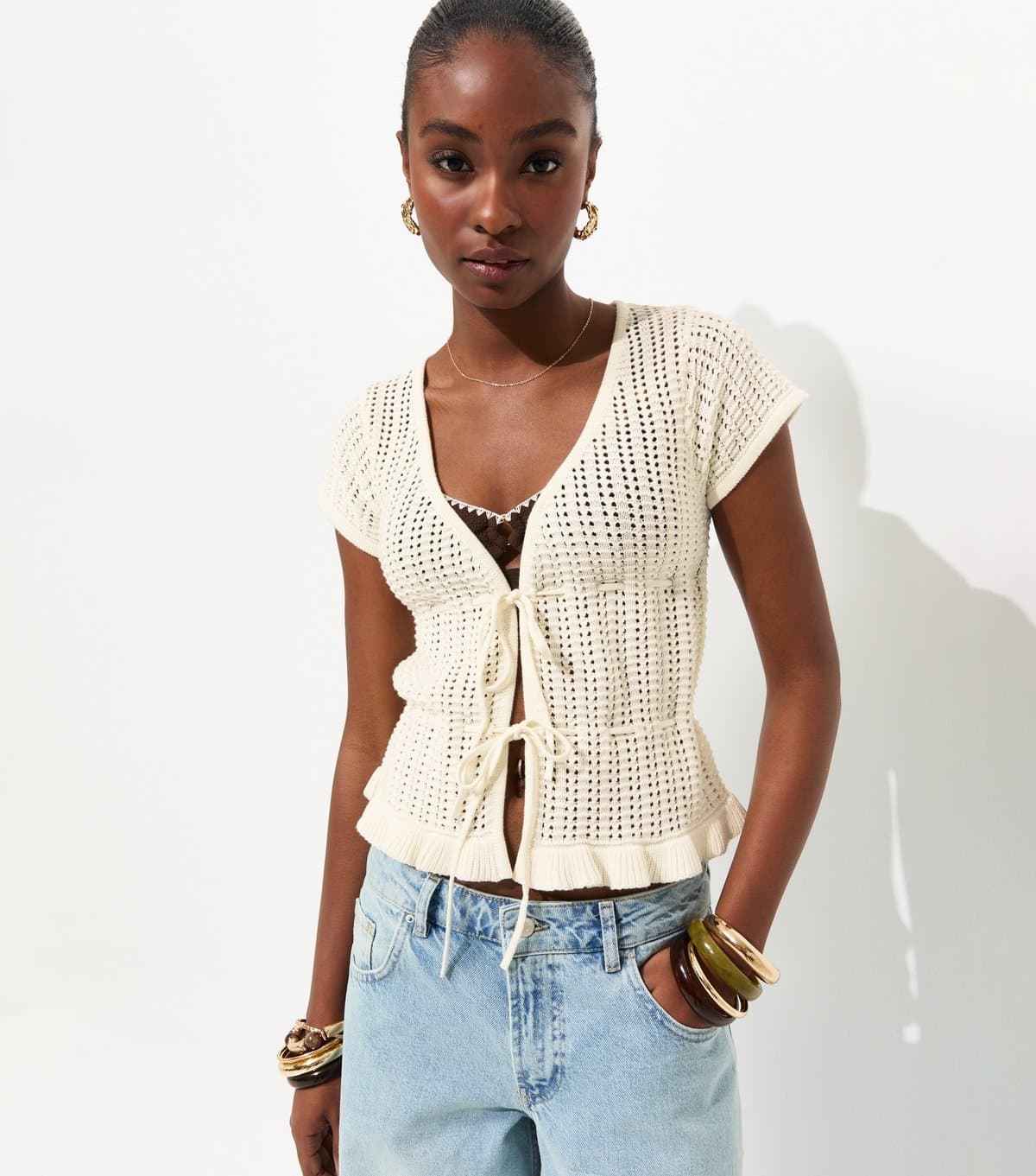 New Look Women's White Frilly Trim Tie Front Top New Look