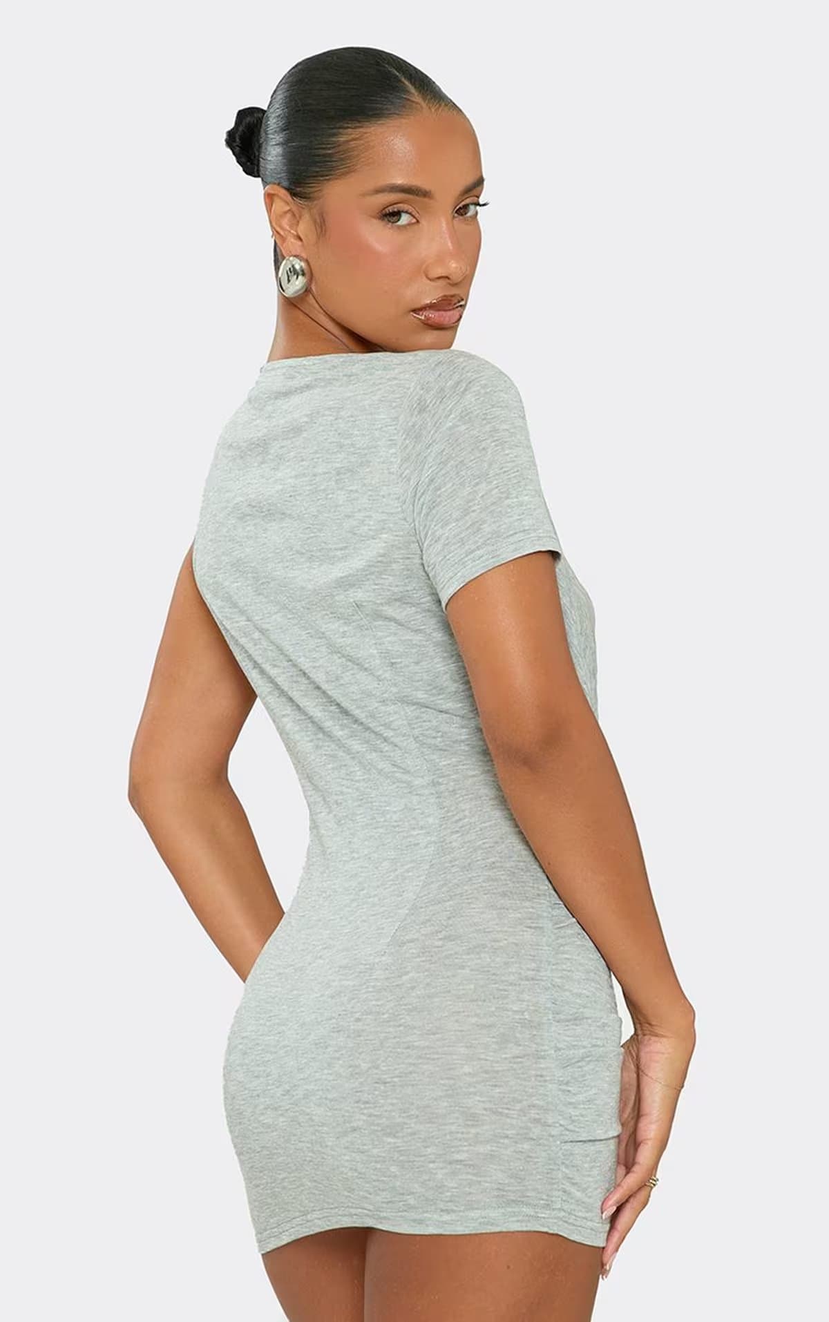EGO One Sleeve Plunge Cowl Front Mini Dress In Grey Marl, Women's Size UK 6