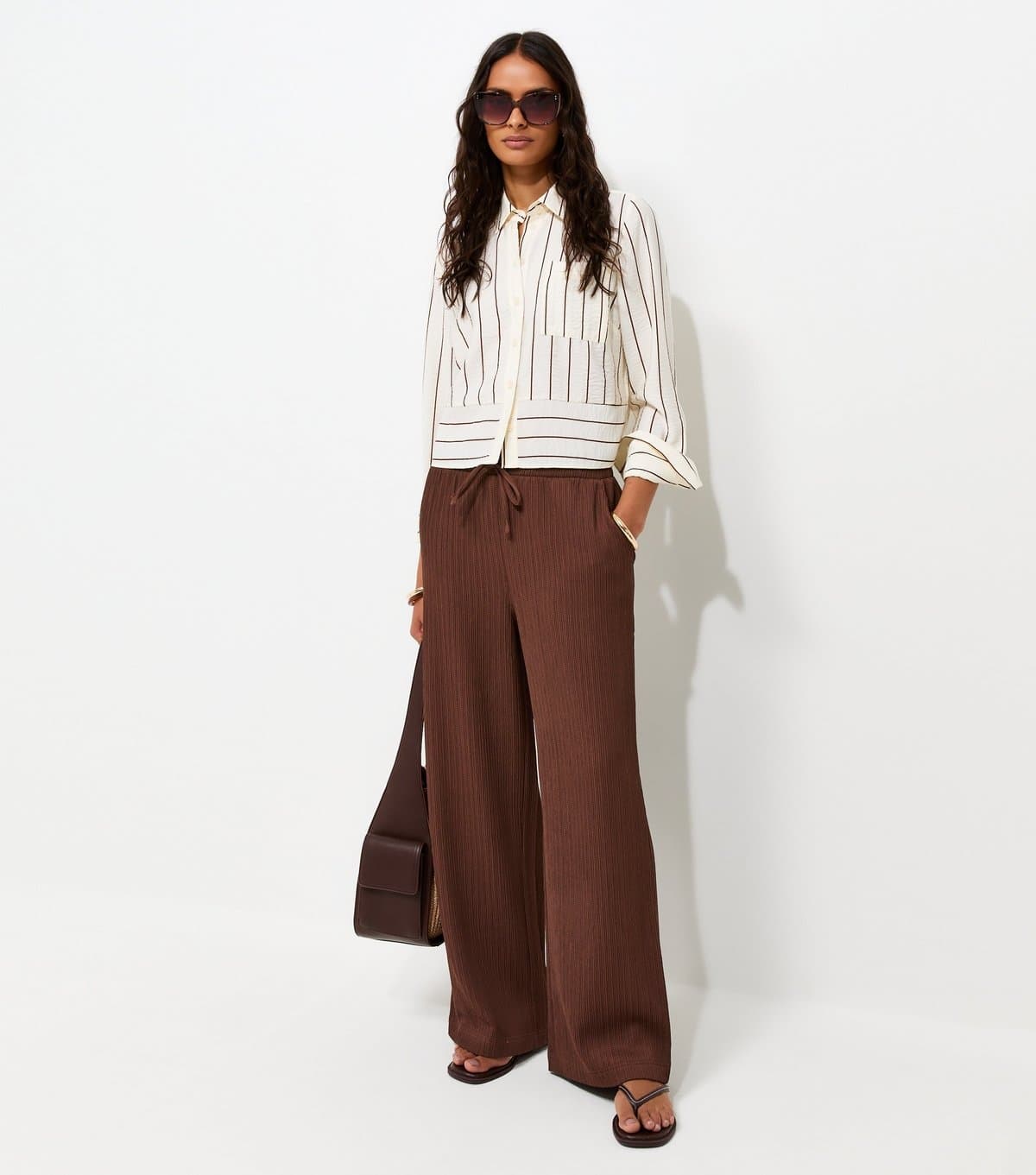 New Look Women's Dark Brown Ribbed Texture Wide Leg Trousers New Look