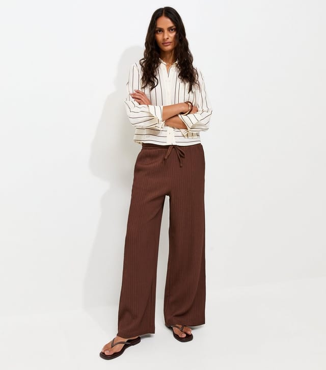 New Look Women's Dark Brown Ribbed Texture Wide Leg Trousers New Look - 2