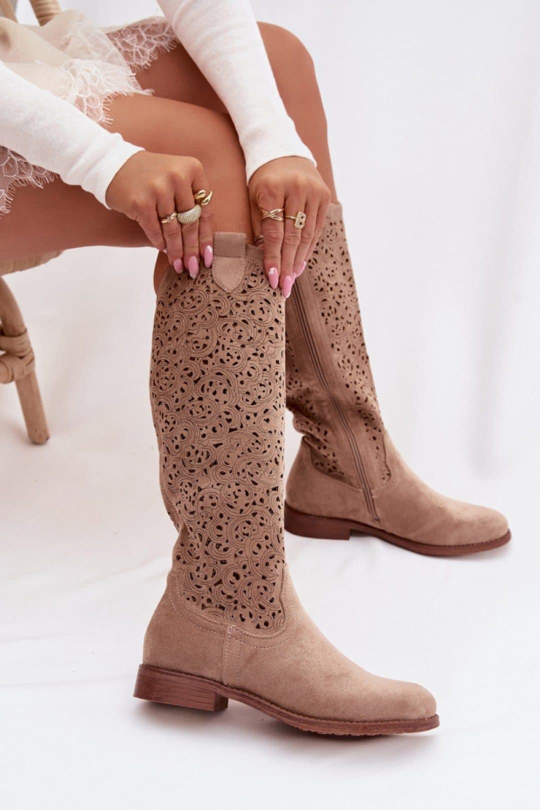 Love Lace Love Lace Women's Boho Lace Up Openwork Flat Heel Boots with Side Zip Comfort in Beige