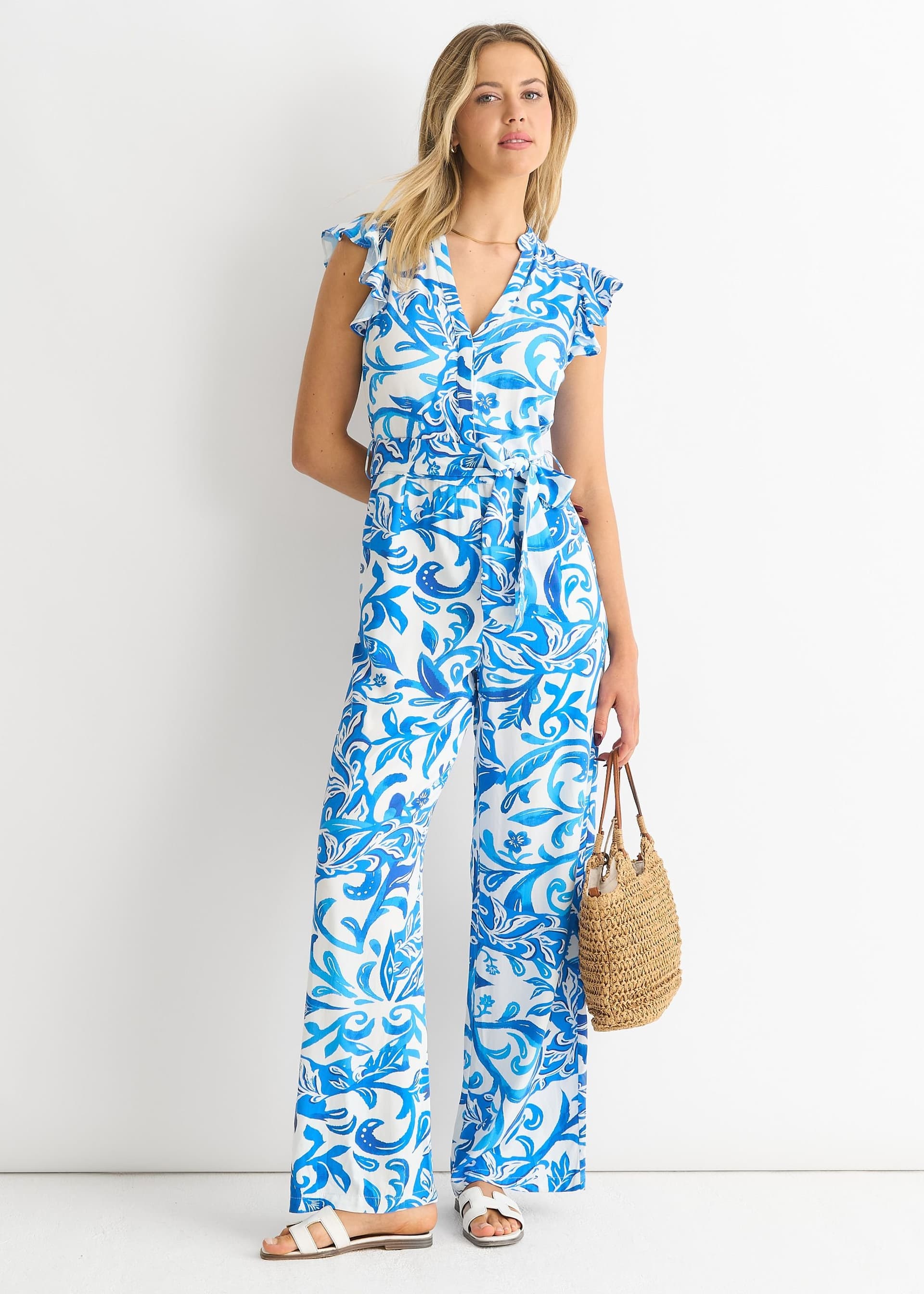 Gini London Gini London Women's Blue Floral Ruffle Sleeeves Jumpsuit