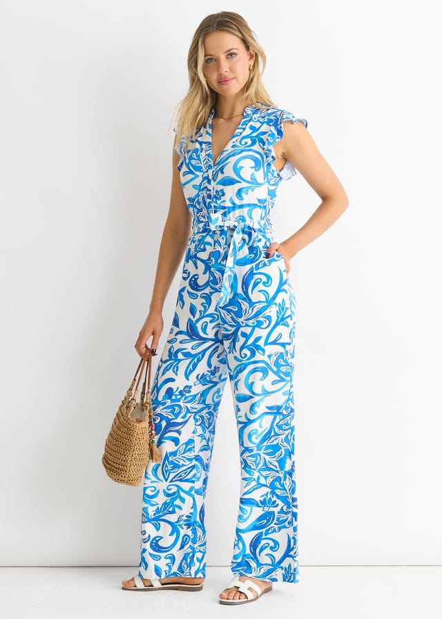 Gini London Gini London Women's Blue Floral Ruffle Sleeeves Jumpsuit - 3