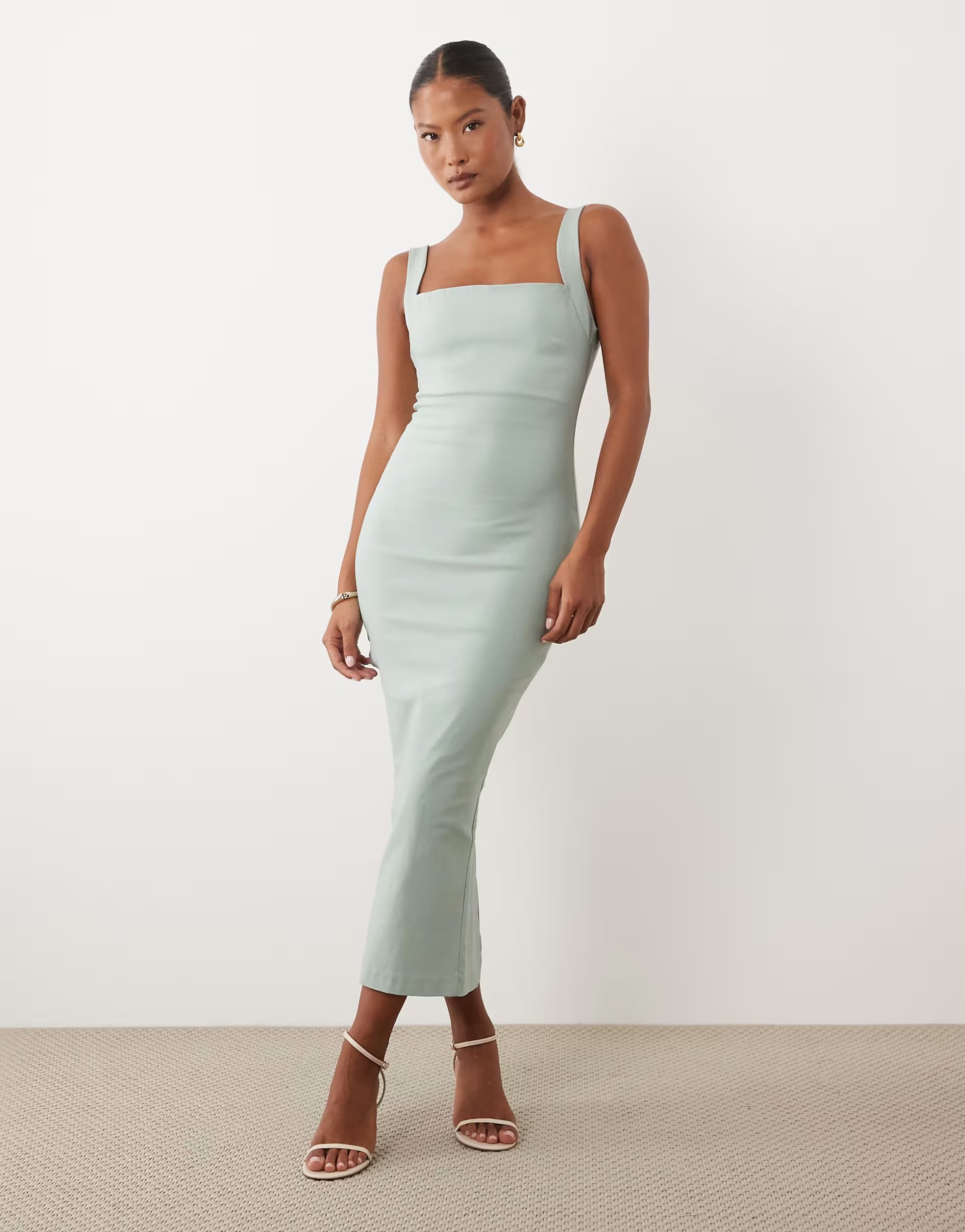 ASOS Vesper Petite bengaline square neck scoop back midaxi dress in sage