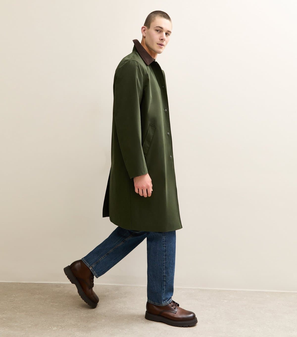 New Look Men's Dark Khaki Regular Corduroy Collar Mac Coat New Look