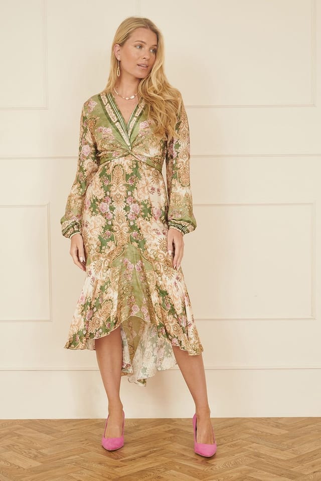 Yumi Yumi Women's Green Viscose Scarf Print Tie Front Midi Dress With Dip Hem - 3