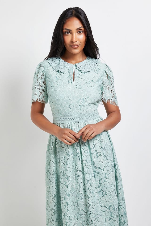 Wallis Wallis Women's Petite Lace Collared Button Midi Dress in Mint - 2