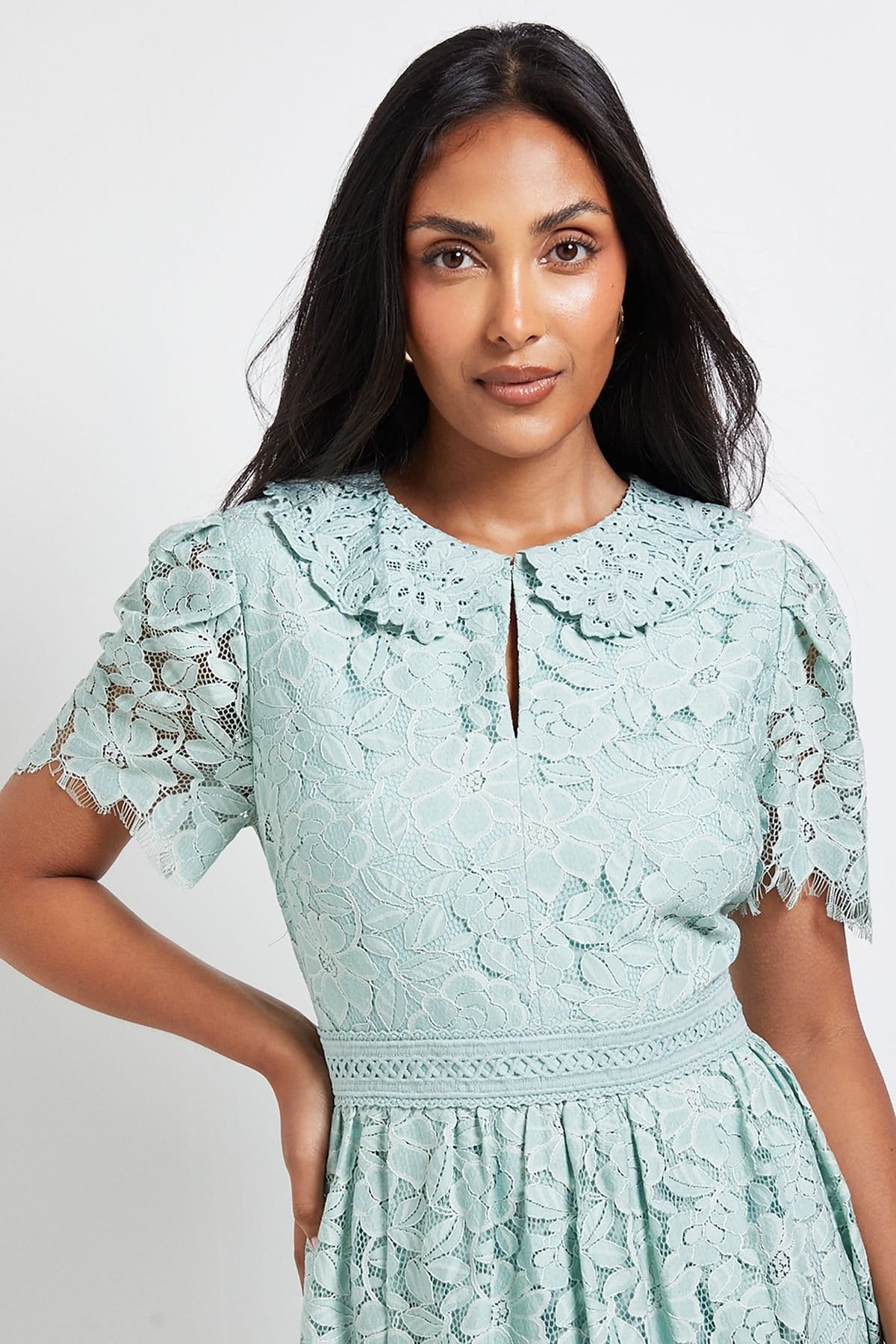 Wallis Wallis Women's Petite Lace Collared Button Midi Dress in Mint - 4