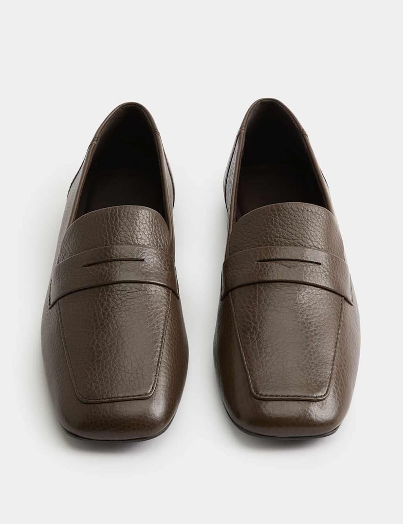 Marks & Spencer M&S Leather Flat Square Toe Loafers Brown - 1