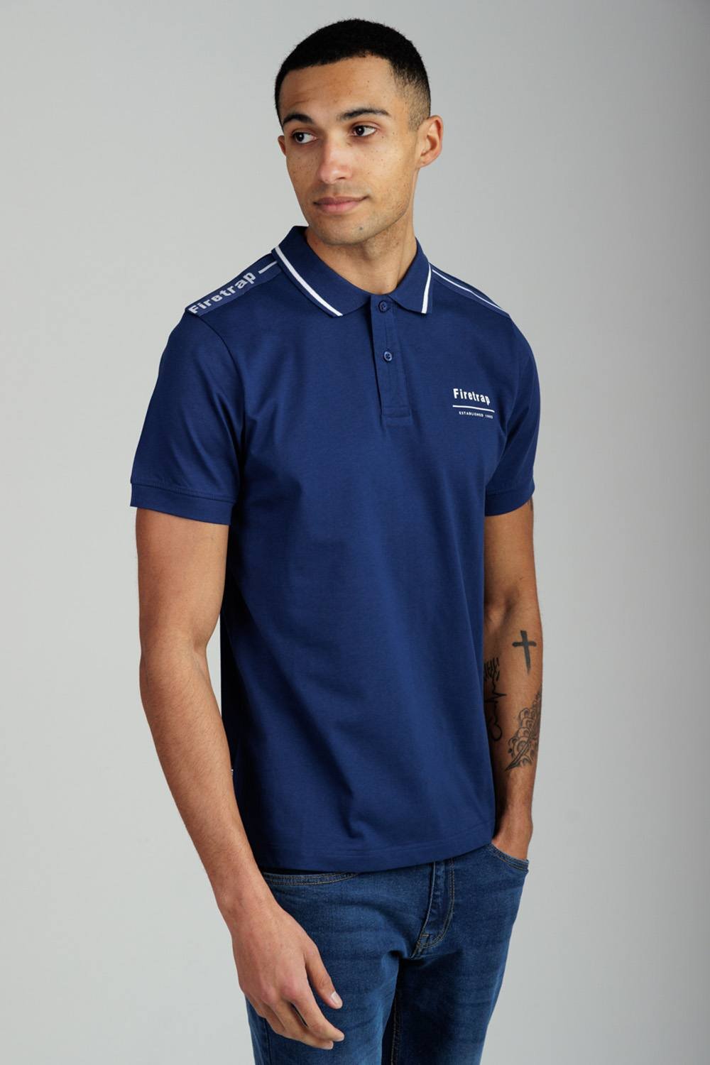 Firetrap Firetrap Men's Regular Fit Cotton Jersey Polo with Taping in Dark Blue - 2
