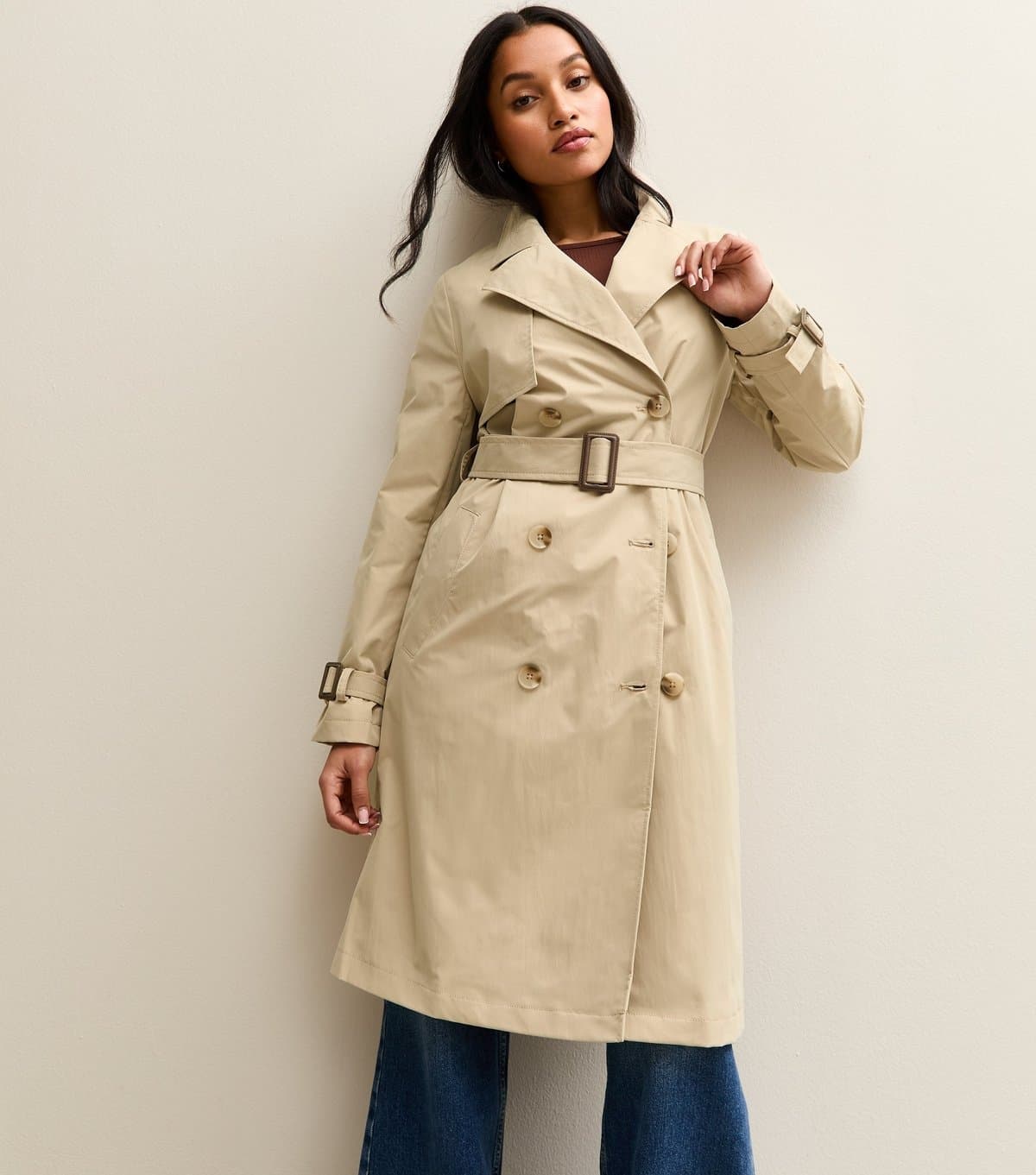 New Look Women's Petite Stone Double Breasted Belted Mac Coat New Look