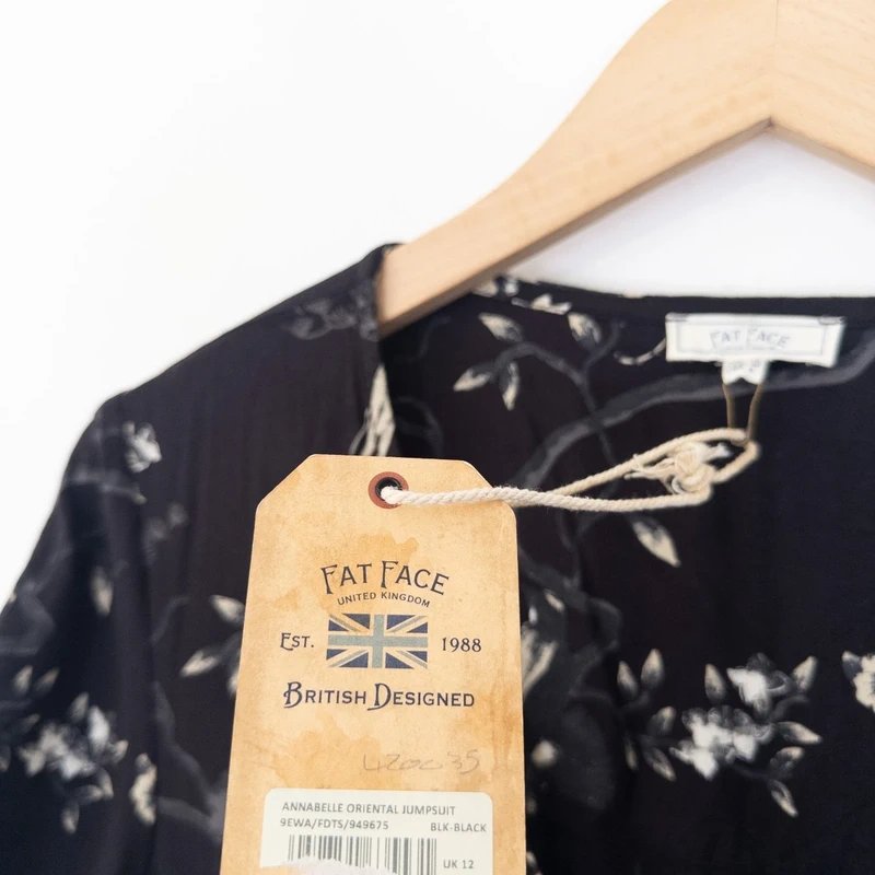 Fat Face Fat Face Annabelle Black Oriental Floral Jumpsuit Size 12 NEW Short Sleeve Taper - 1