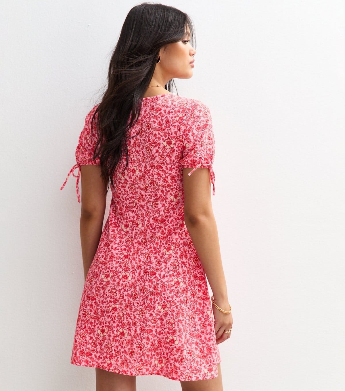 New Look Women's Pink Floral Print Crinkle Texture Bow Trim Mini Dress New Look - 4