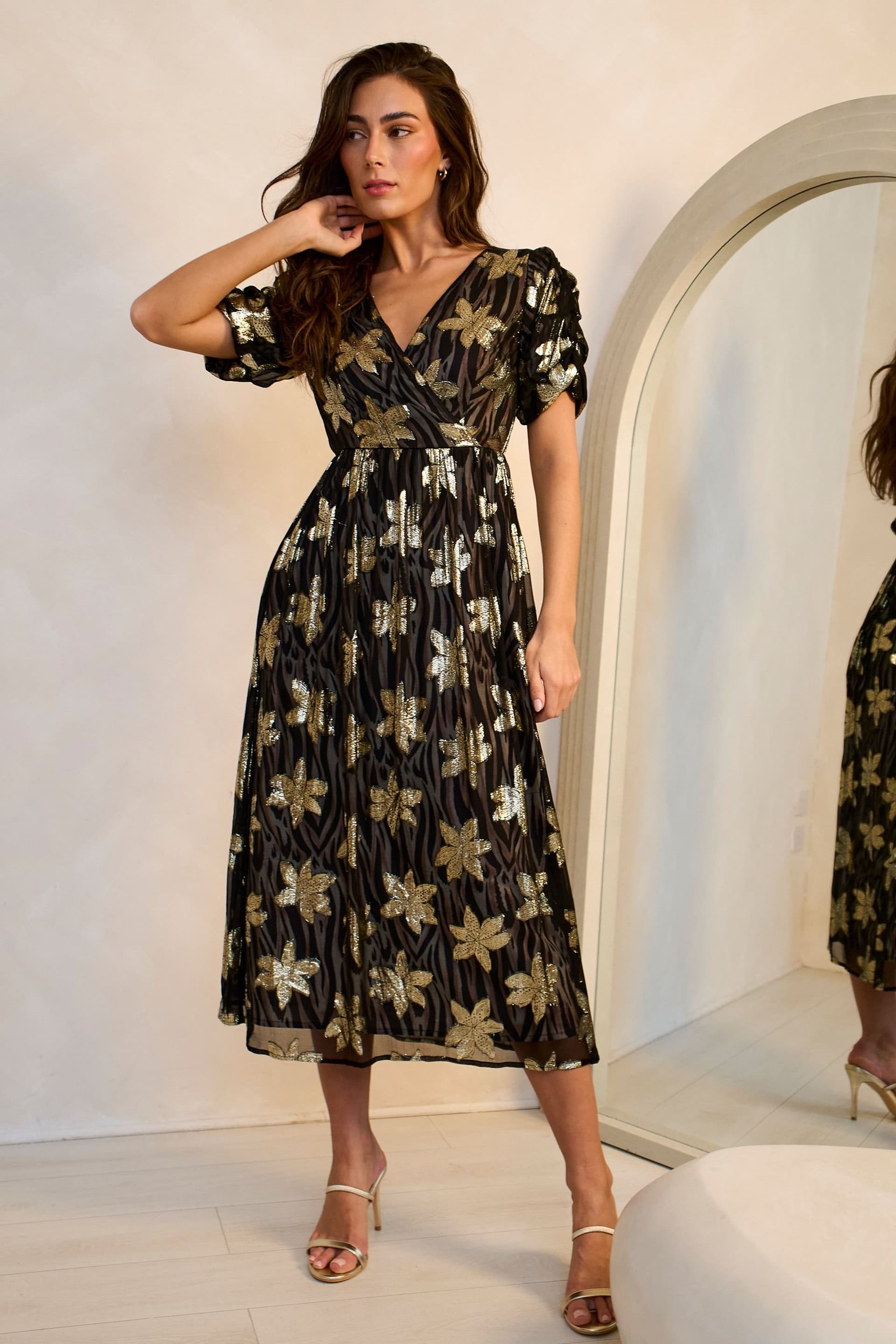 Gini London Gini London Women's Black Floral Lurex Animal Wrap Front Dress