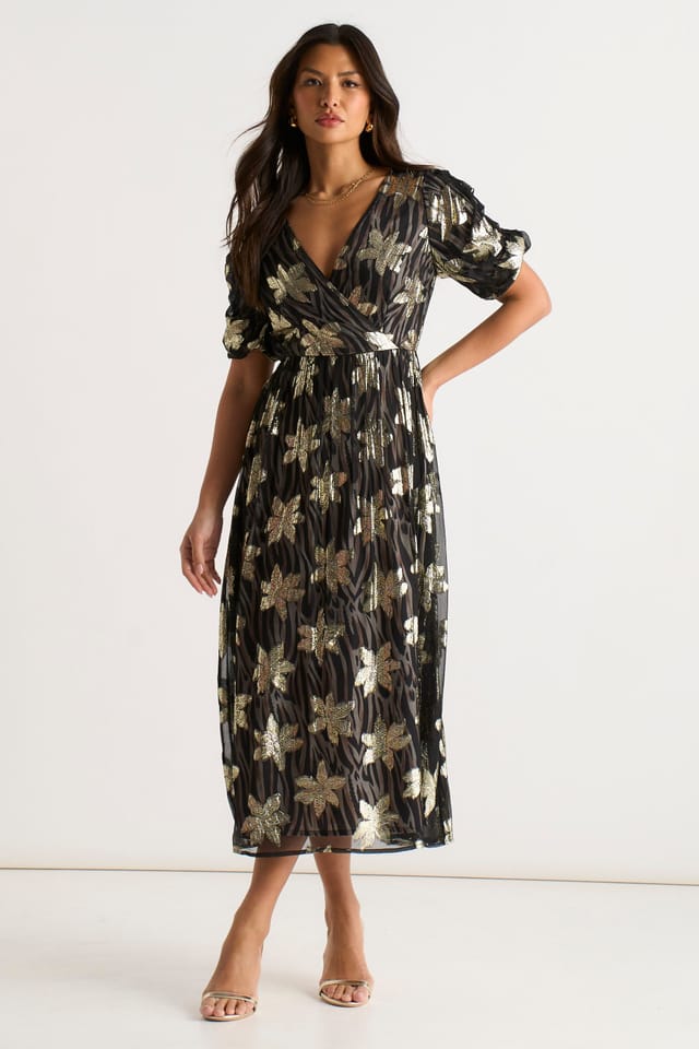 Gini London Gini London Women's Black Floral Lurex Animal Wrap Front Dress - 2