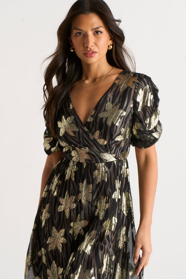 Gini London Gini London Women's Black Floral Lurex Animal Wrap Front Dress - 3