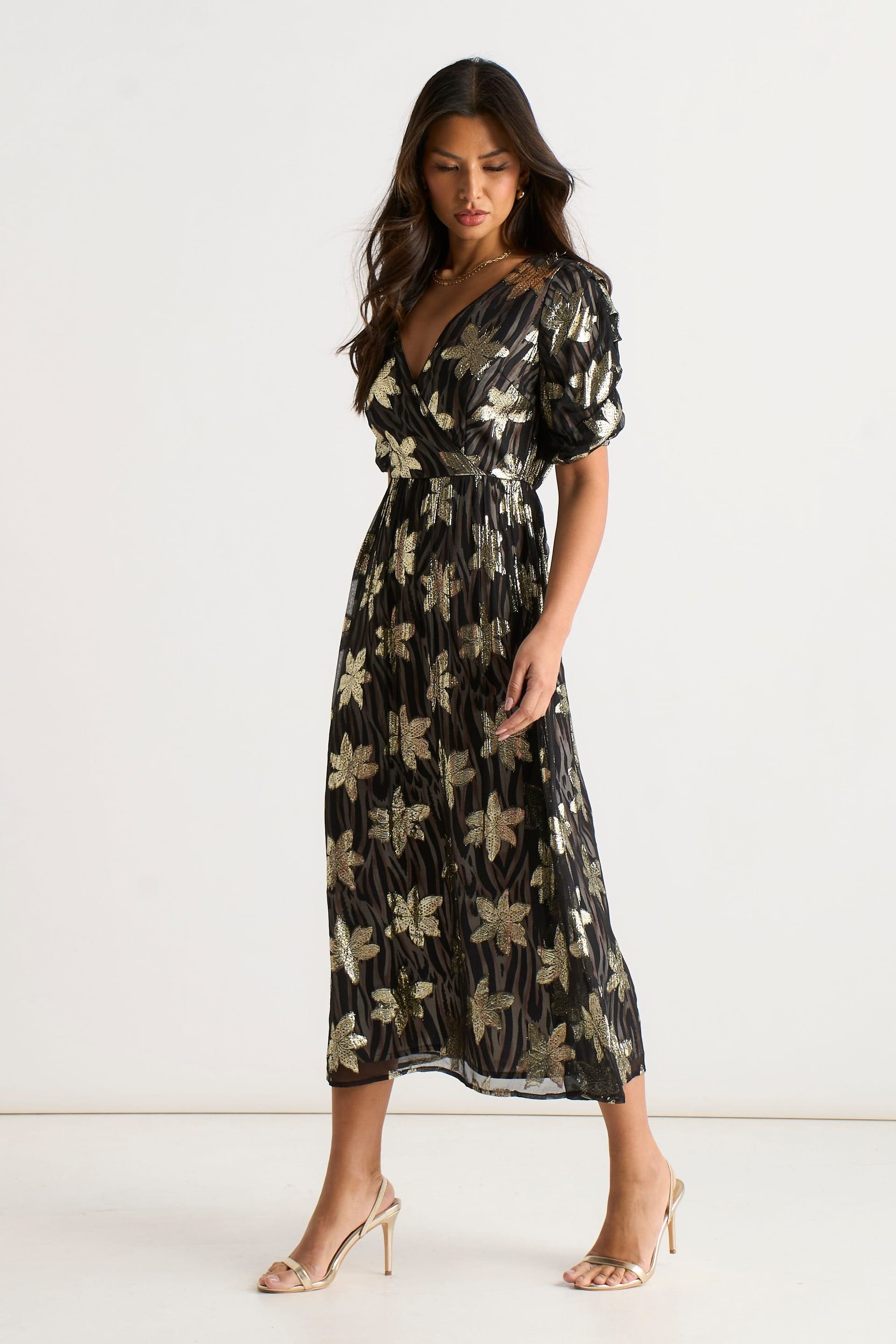 Gini London Gini London Women's Black Floral Lurex Animal Wrap Front Dress - 4