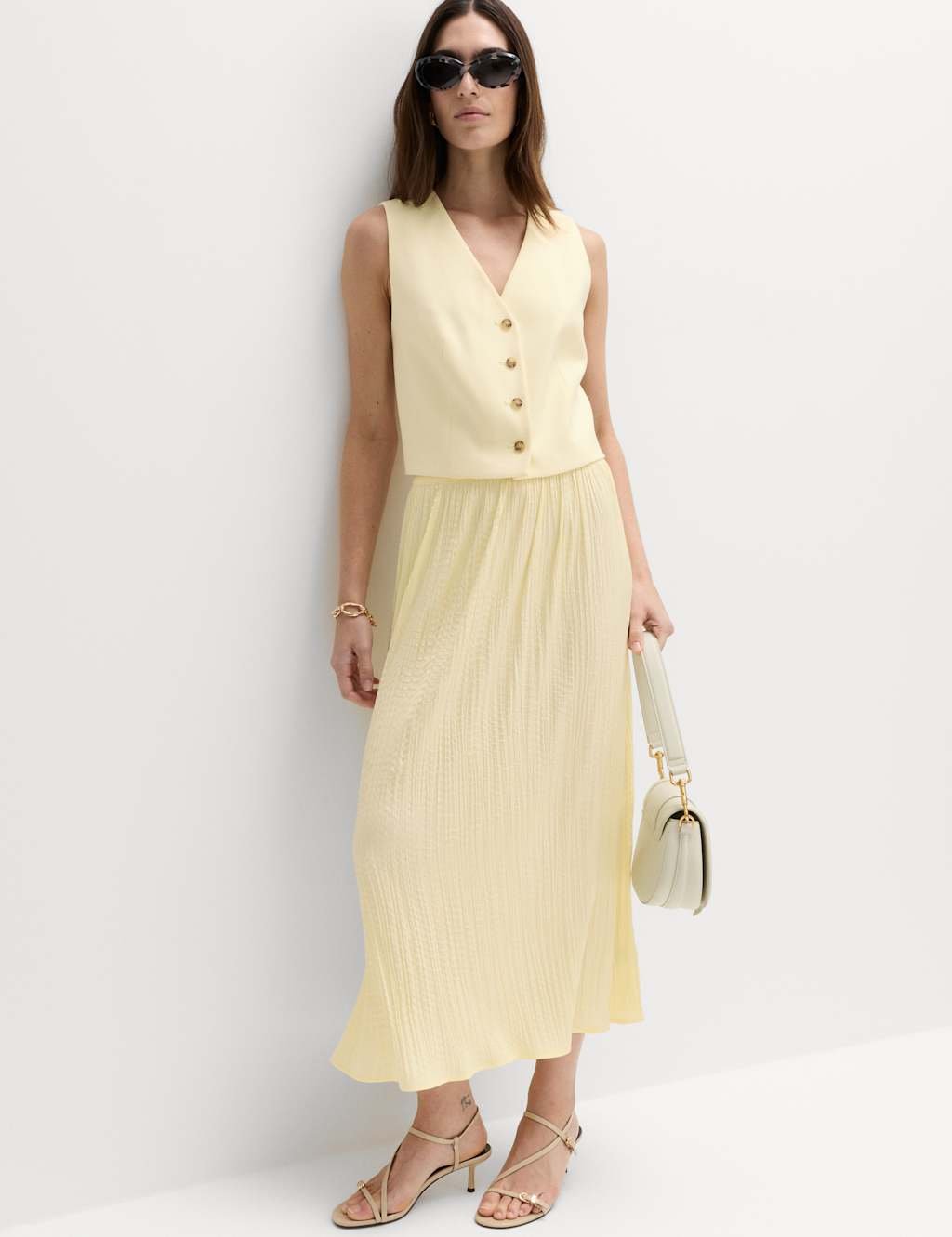 Marks & Spencer M&S Textured Pleated Midaxi Skirt Soft Yellow - 1