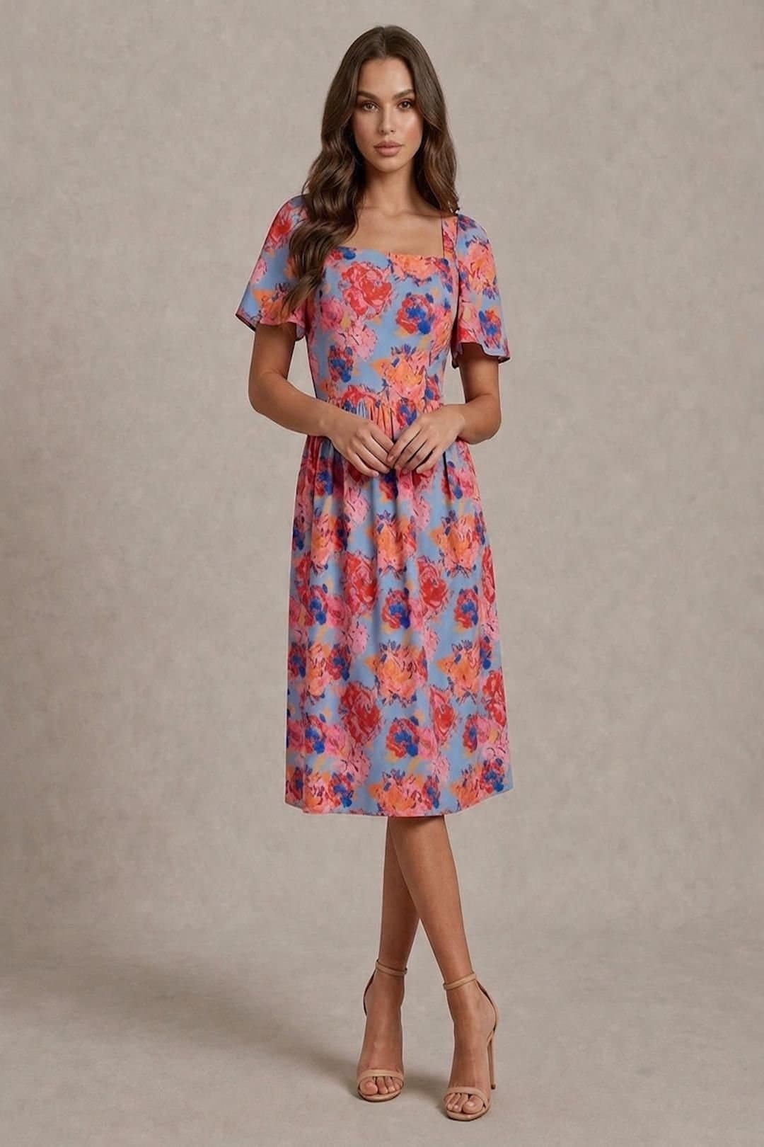 chi chi london Chi Chi London Women's Square Neck Floral Midi Dress in Blue
