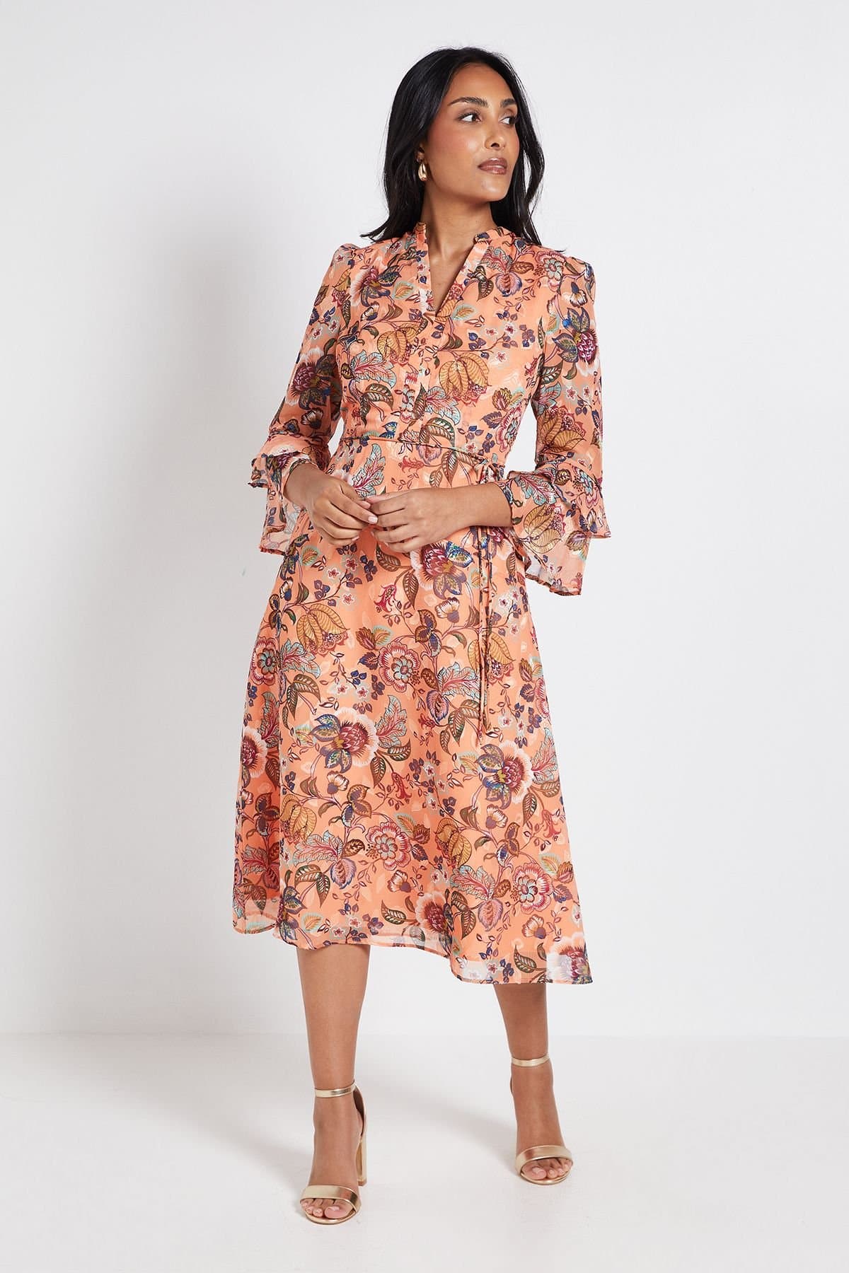 Wallis Wallis Women's Petite Paisley Burn Out Ruffle Midi Dress in Orange