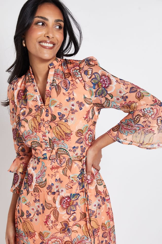 Wallis Wallis Women's Petite Paisley Burn Out Ruffle Midi Dress in Orange - 2