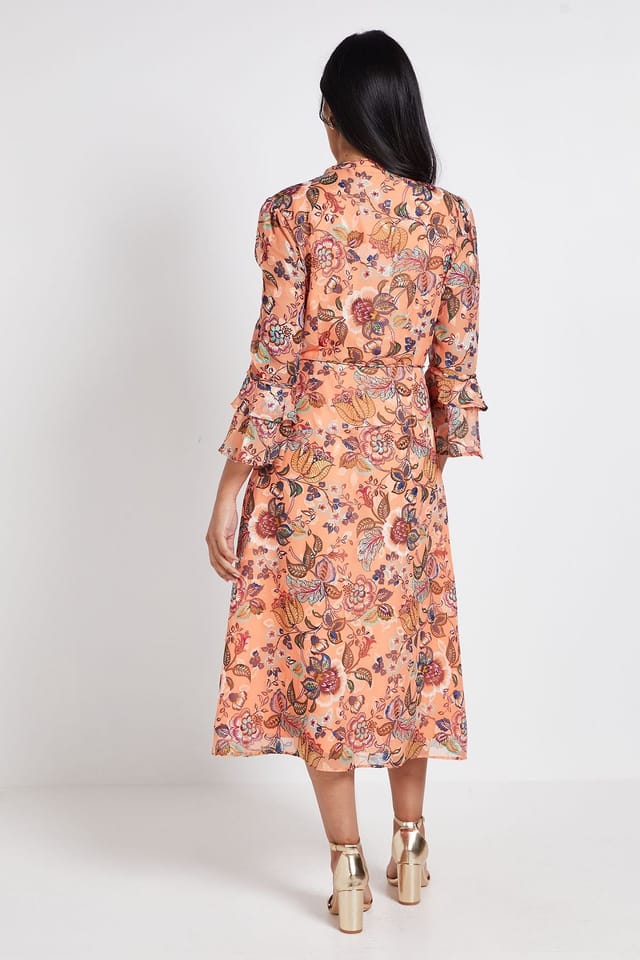 Wallis Wallis Women's Petite Paisley Burn Out Ruffle Midi Dress in Orange - 3