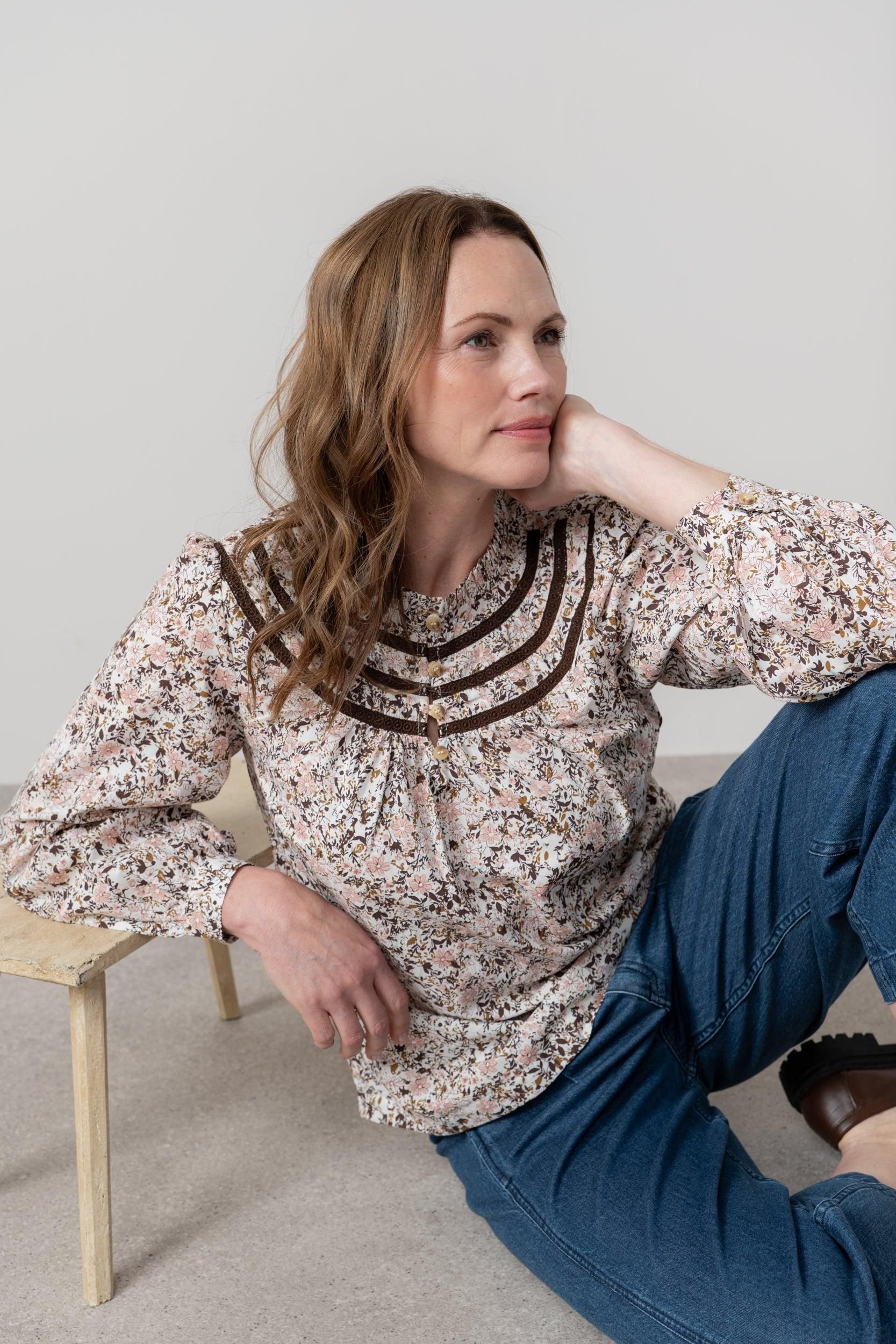 Lily & Me Lily & Me Women's Luna Breathable Cotton Long Sleeve Blouse with Lace Trim in Pink - 3