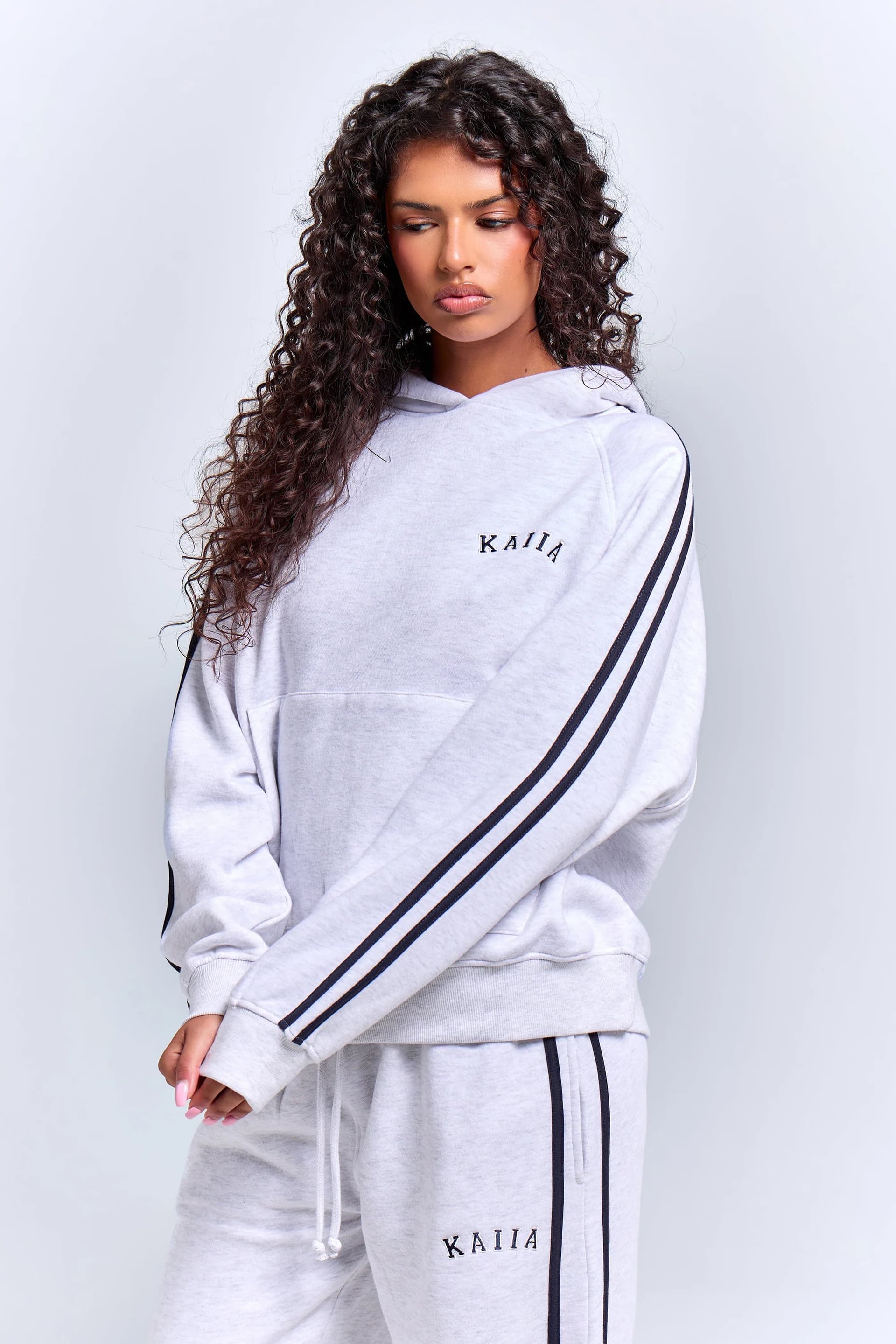 Kaiia Kaiia Sport Side Stripe Oversized Hoodie Light Grey Marl & Navy
