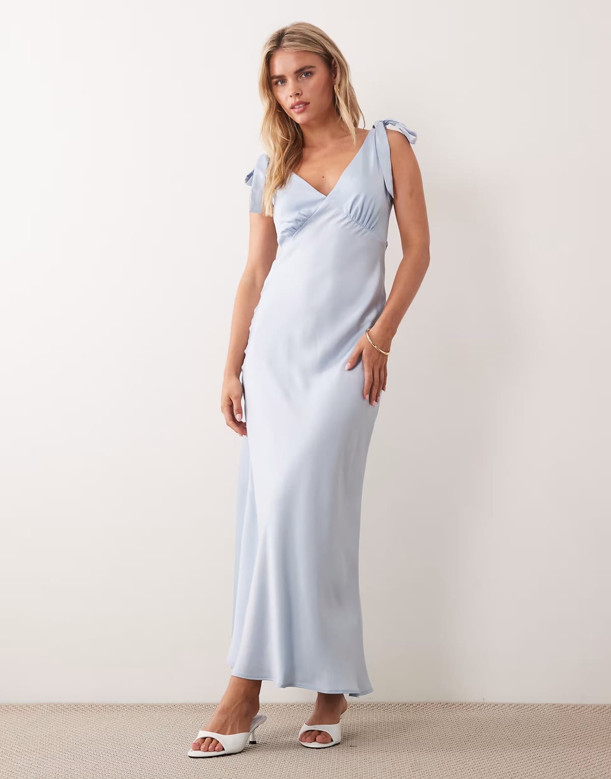 ASOS New Look Petite tie shoulder satin midi dress in light blue - 1