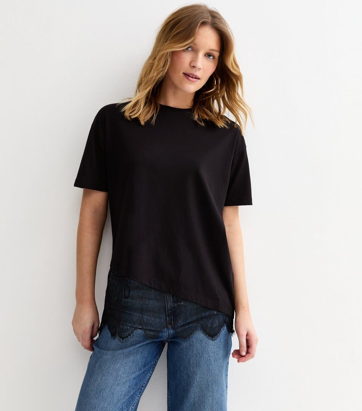New Look New Look Black Cotton Scalloped Lace T-Shirt