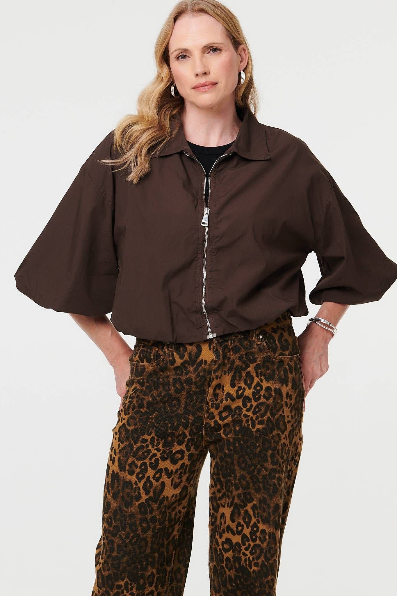 Izabel London Izabel London Women's Zip Front 3/4 Sleeve Cropped Jacket in Brown