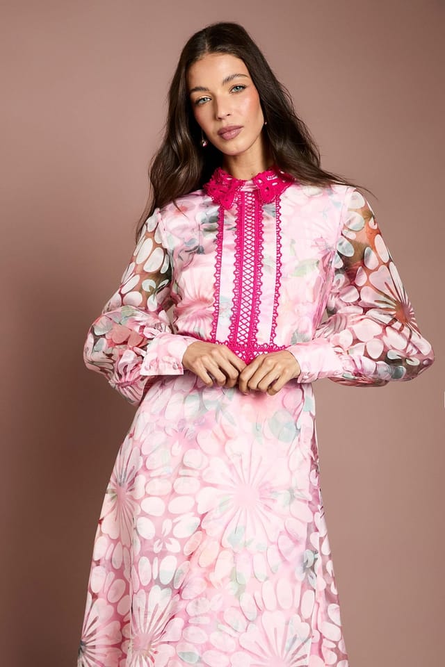 Coast Coast Women's Printed Organza Contrast Collar Lace Trim Midi Dress in Pink - 2