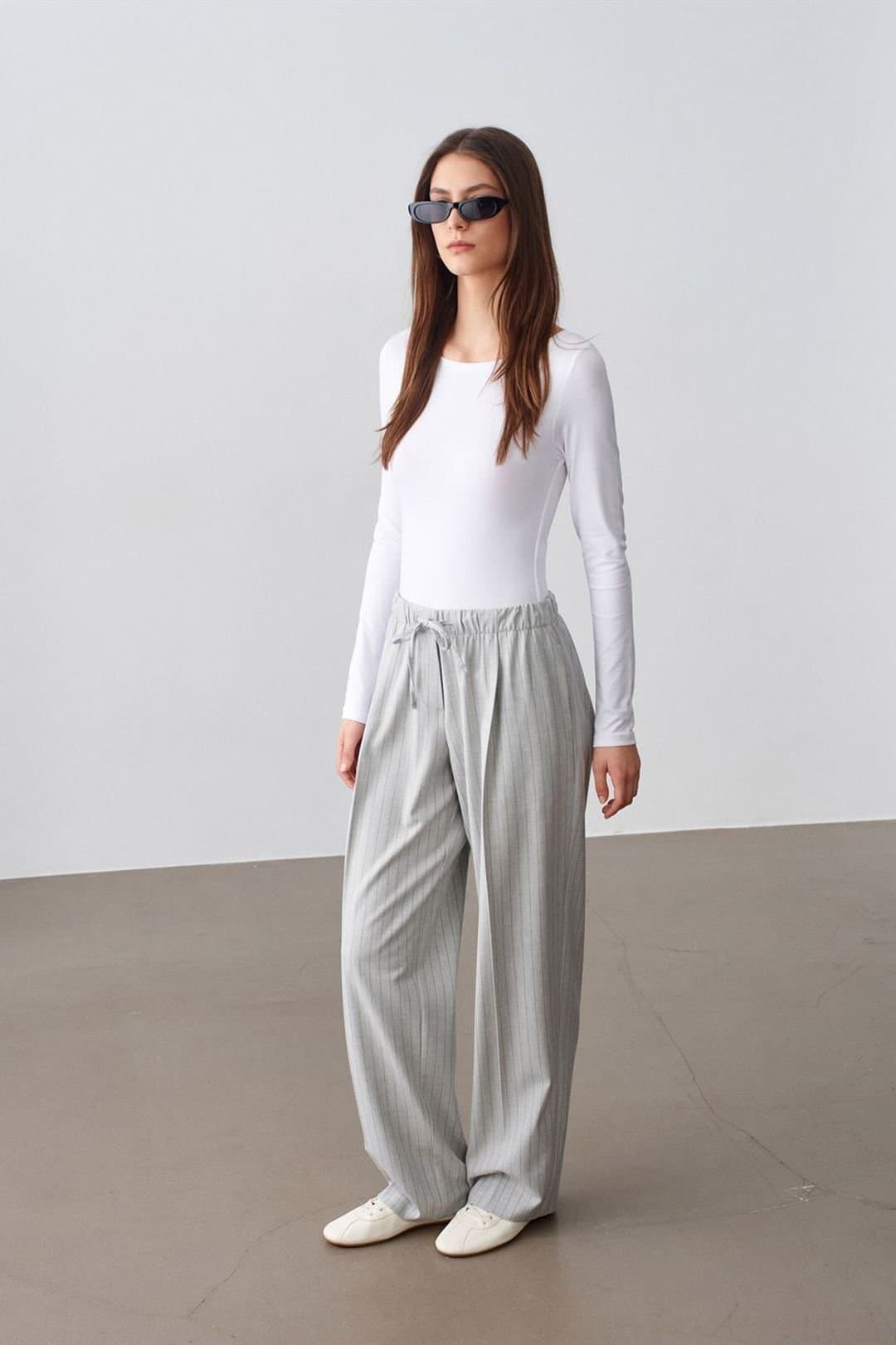 Dilvin Dilvin Women's Striped Wide-leg Palazzo Trousers in Light Grey