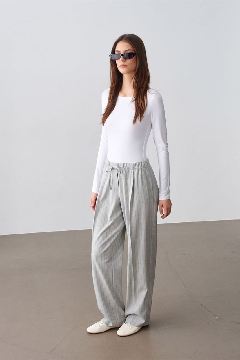 Dilvin Dilvin Women's Striped Wide-leg Palazzo Trousers in Light Grey - 1