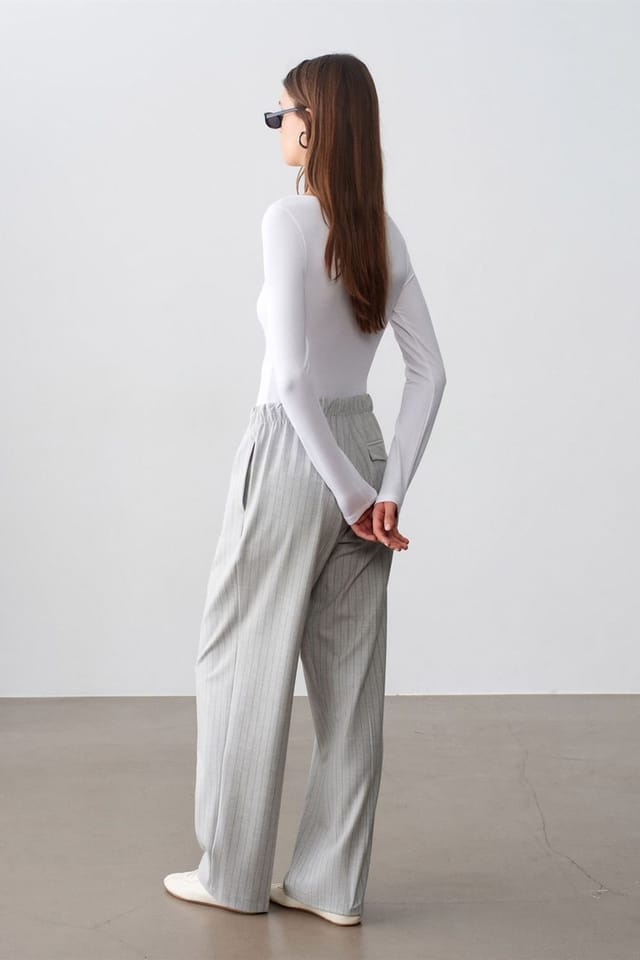 Dilvin Dilvin Women's Striped Wide-leg Palazzo Trousers in Light Grey - 2